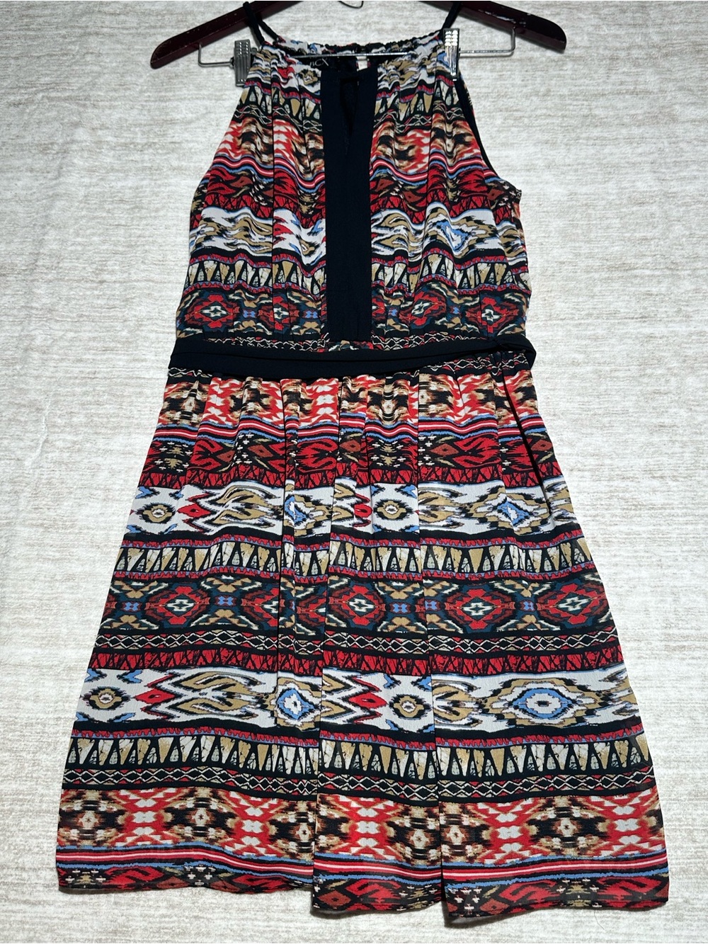 BCX Mini Dress in Red, Black, Cream & Blue Tribal Print with Braided Straps